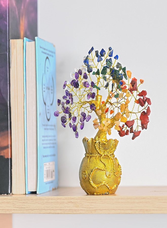 ZAICUS Lucky Feng Shui 7 Chakra Tree with Golden Money Bag Base - Natural Gemstone Decorative Bonsai Tree for Home & Office Décor, Good Luck Diwali Gift, Wealth & Prosperity Showpiece (7 X 3 Inch) - Image 5